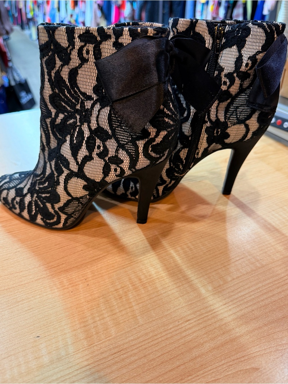 Newport News Black Lace-Overlay Cream Ankle Booties with Bow